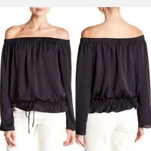 Theory Odettah Navy Off The Shoulder Cotton Blend Top Size M
